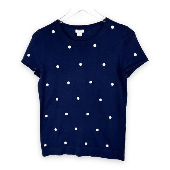 J. Crew Dotted Short Sleeve Sweater Knit Top Navy Polka Dot Crew Small - Picture 2 of 11